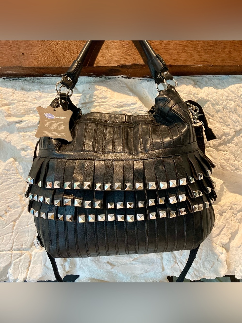 NWT AmeriLeather studded TuTu leather handbag in black top grain cowhide leather